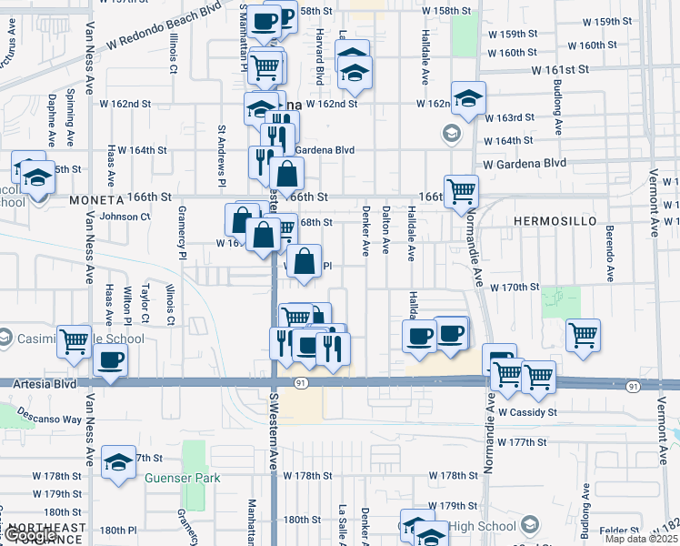map of restaurants, bars, coffee shops, grocery stores, and more near 16930 Harvard Boulevard in Gardena