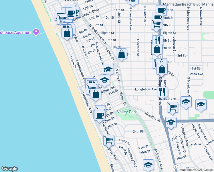 map of restaurants, bars, coffee shops, grocery stores, and more near 422 33rd Street in Hermosa Beach