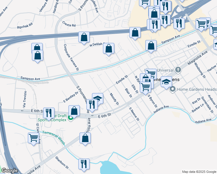 map of restaurants, bars, coffee shops, grocery stores, and more near 13847 Estelle Street in Corona