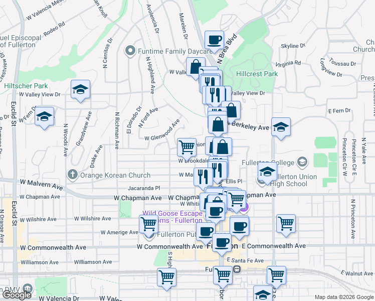 map of restaurants, bars, coffee shops, grocery stores, and more near 210 West Union Avenue in Fullerton