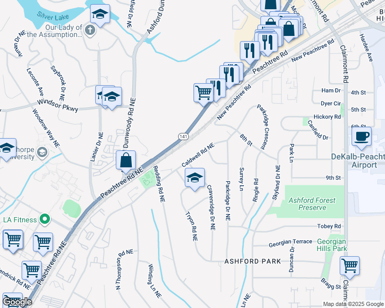 map of restaurants, bars, coffee shops, grocery stores, and more near 3136 Caldwell Road Northeast in Atlanta