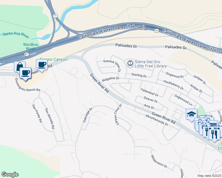 map of restaurants, bars, coffee shops, grocery stores, and more near 3560 Sweetwater Circle in Corona