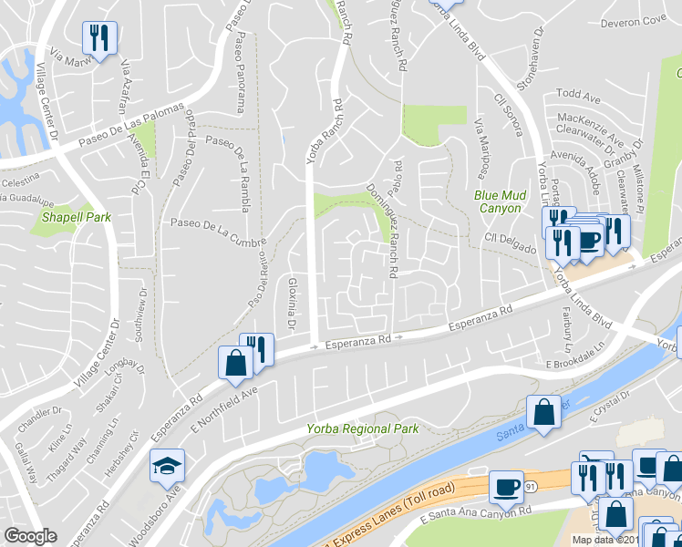 map of restaurants, bars, coffee shops, grocery stores, and more near 21107 Vía Arnaz in Yorba Linda