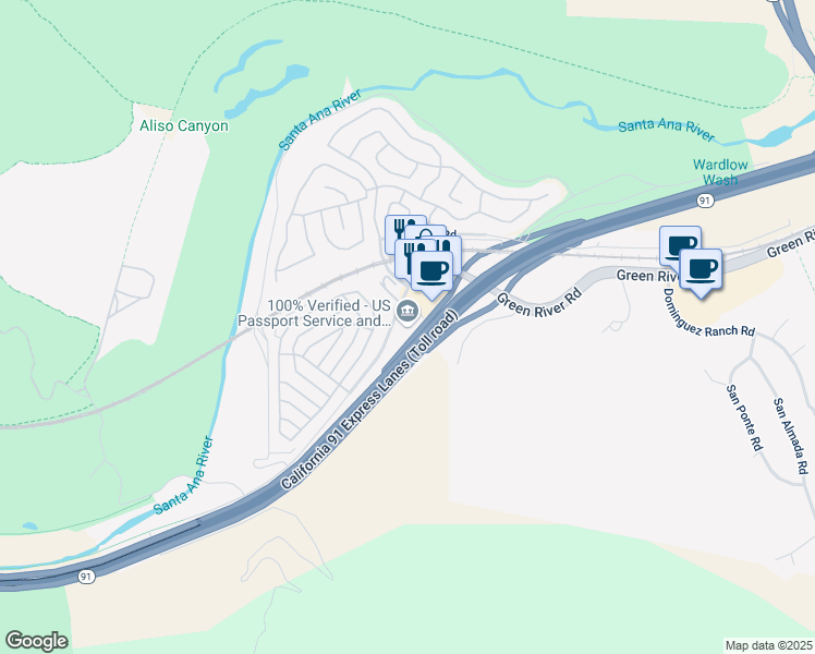 map of restaurants, bars, coffee shops, grocery stores, and more near 4740 Green River Road in Corona