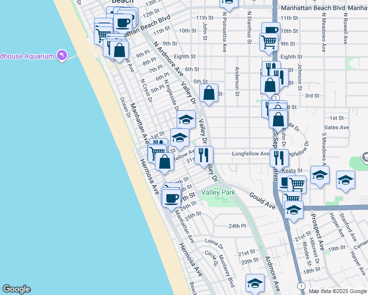 map of restaurants, bars, coffee shops, grocery stores, and more near 422 33rd Street in Hermosa Beach