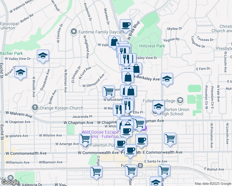 map of restaurants, bars, coffee shops, grocery stores, and more near 200 West Union Avenue in Fullerton