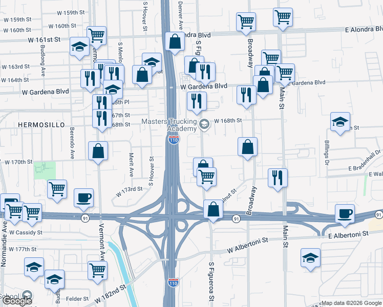 map of restaurants, bars, coffee shops, grocery stores, and more near 523 West 170th Street in Gardena
