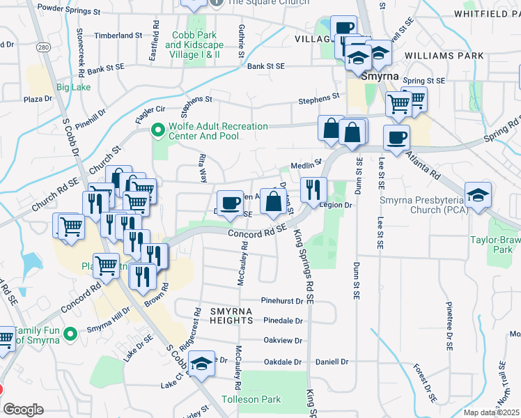 map of restaurants, bars, coffee shops, grocery stores, and more near 1097 Dell Avenue Southeast in Smyrna