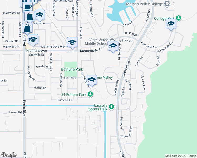 map of restaurants, bars, coffee shops, grocery stores, and more near 16782 Via Alegria in Moreno Valley