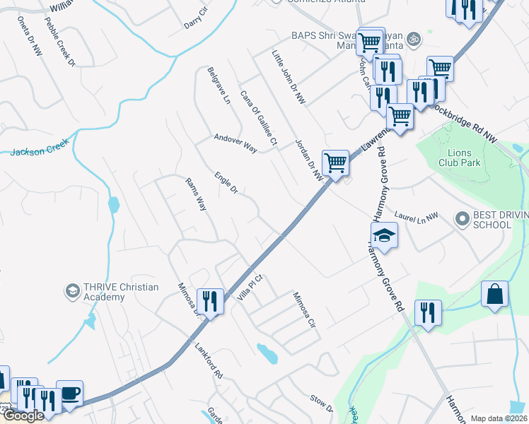 map of restaurants, bars, coffee shops, grocery stores, and more near 323 Engle Drive in Tucker