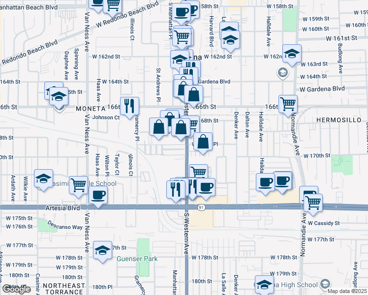 map of restaurants, bars, coffee shops, grocery stores, and more near 16949 South Western Avenue in Gardena