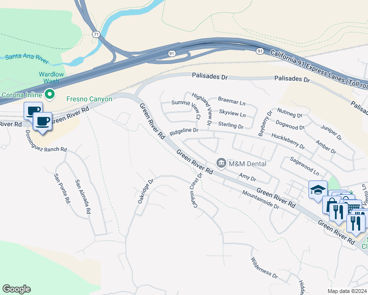 map of restaurants, bars, coffee shops, grocery stores, and more near 3560 Sweetwater Circle in Corona
