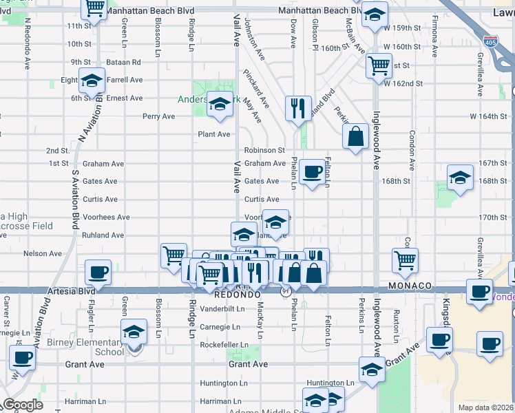 map of restaurants, bars, coffee shops, grocery stores, and more near 2407 Mackay Lane in Redondo Beach