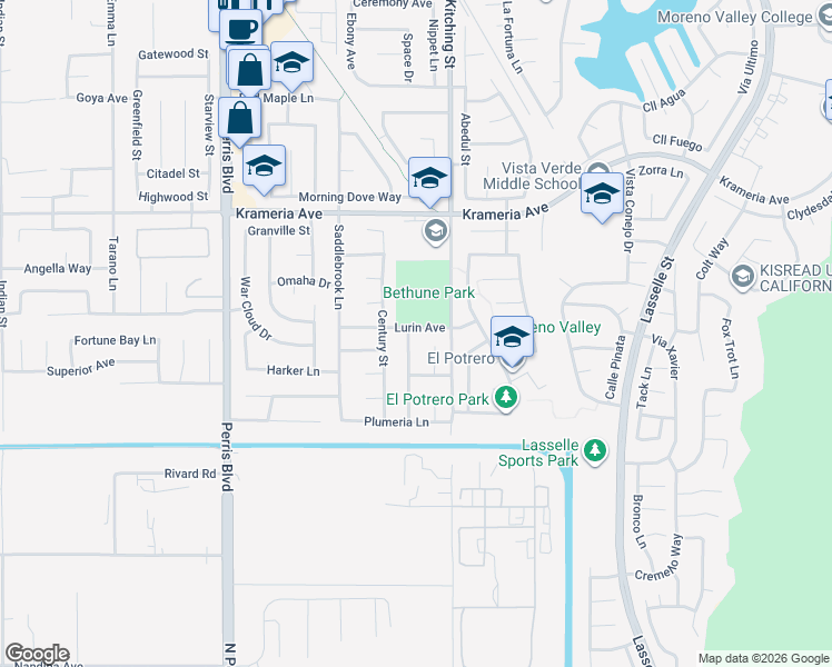 map of restaurants, bars, coffee shops, grocery stores, and more near 16756 Hollyhock Drive in Moreno Valley