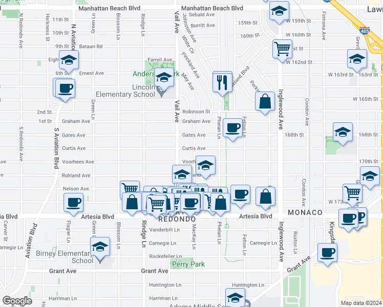 map of restaurants, bars, coffee shops, grocery stores, and more near 2407 Mackay Lane in Redondo Beach