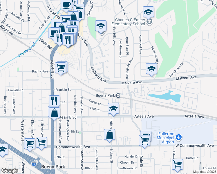 map of restaurants, bars, coffee shops, grocery stores, and more near 44 Sycamore Lane in Buena Park