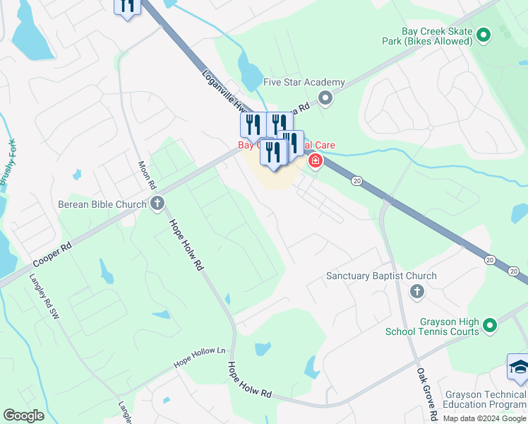map of restaurants, bars, coffee shops, grocery stores, and more near 2835 Meadow Gate Way in Loganville