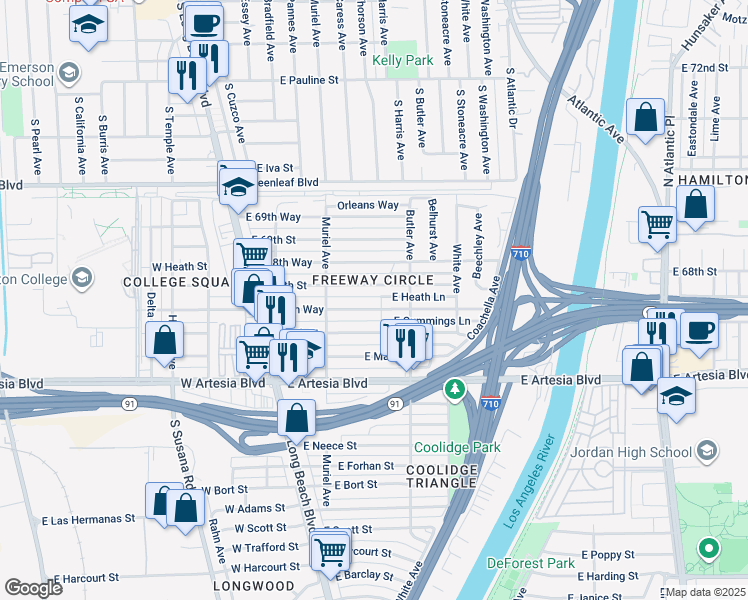 map of restaurants, bars, coffee shops, grocery stores, and more near 247 East 67th Way in Long Beach