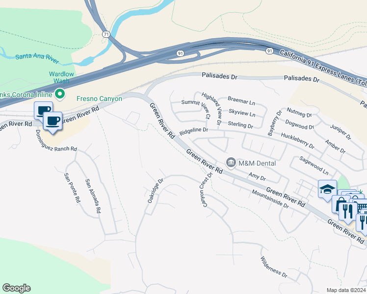 map of restaurants, bars, coffee shops, grocery stores, and more near Green River Road in Corona