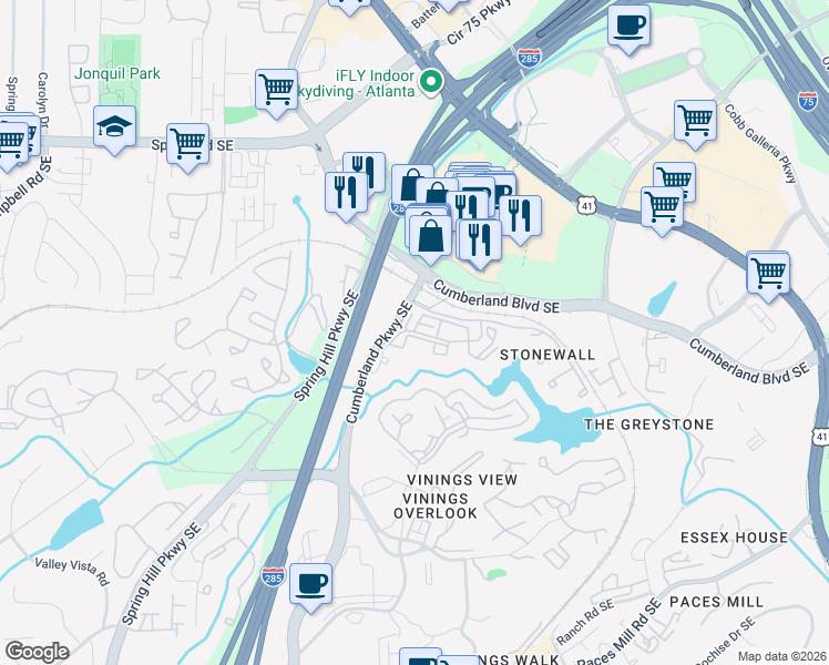 map of restaurants, bars, coffee shops, grocery stores, and more near Adams Lake Boulevard Southeast in Atlanta