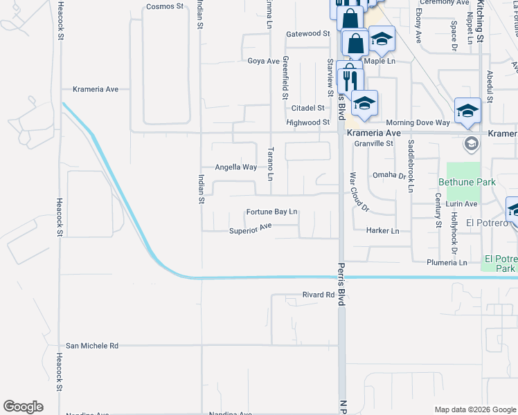 map of restaurants, bars, coffee shops, grocery stores, and more near 24723 Northern Dancer Drive in Moreno Valley