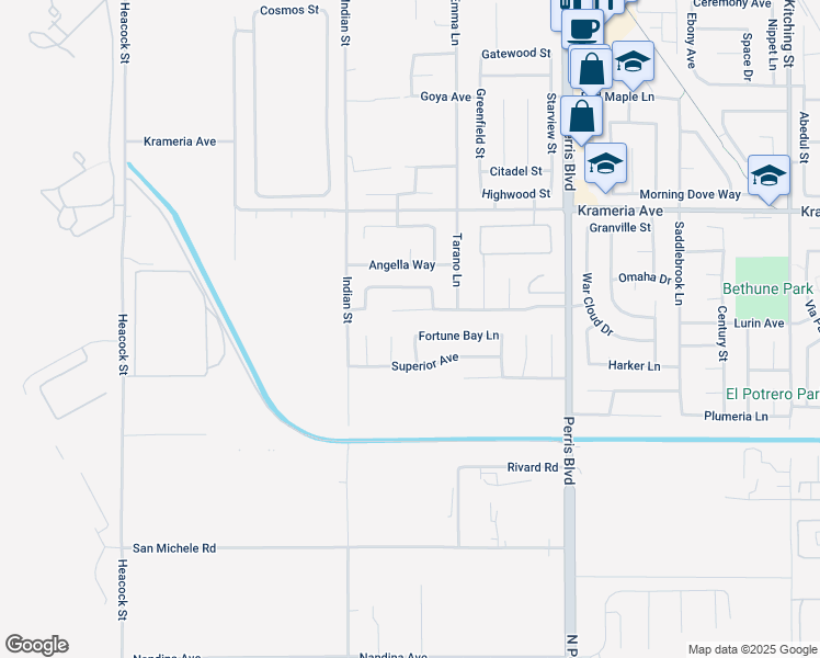 map of restaurants, bars, coffee shops, grocery stores, and more near 24639 Northern Dancer Drive in Moreno Valley