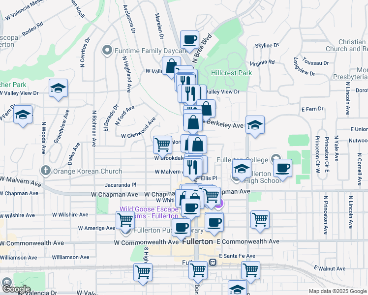 map of restaurants, bars, coffee shops, grocery stores, and more near 117 West Union Avenue in Fullerton