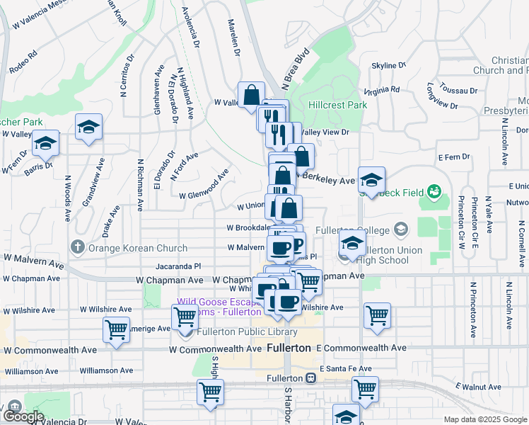 map of restaurants, bars, coffee shops, grocery stores, and more near 117 West Union Avenue in Fullerton