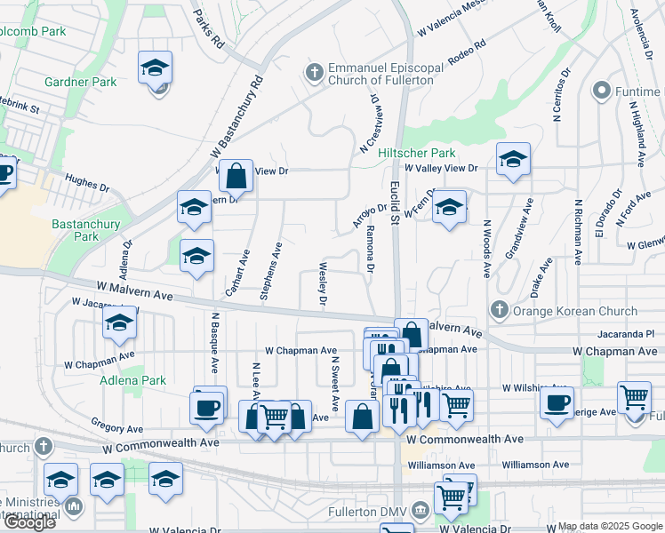 map of restaurants, bars, coffee shops, grocery stores, and more near 156 Rose Drive in Fullerton