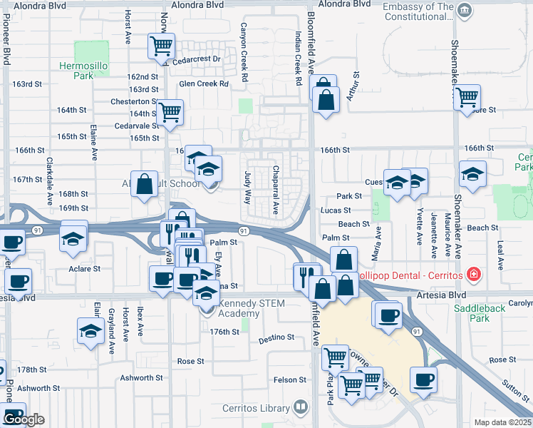 map of restaurants, bars, coffee shops, grocery stores, and more near 16905 Chaparral Avenue in Cerritos