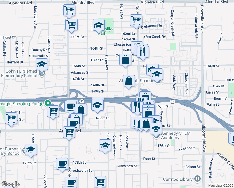 map of restaurants, bars, coffee shops, grocery stores, and more near 12045 169th Street in Artesia