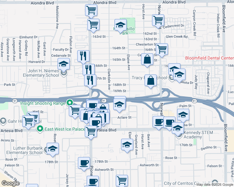 map of restaurants, bars, coffee shops, grocery stores, and more near 11933 169th Street in Artesia