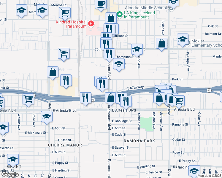 map of restaurants, bars, coffee shops, grocery stores, and more near 6761 Curtis Avenue in Long Beach