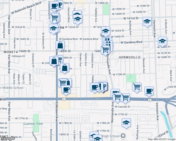 map of restaurants, bars, coffee shops, grocery stores, and more near 16926 Dalton Avenue in Gardena