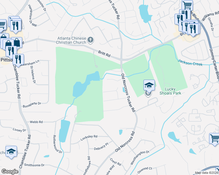 map of restaurants, bars, coffee shops, grocery stores, and more near 6646 Royal Oak Court in Tucker