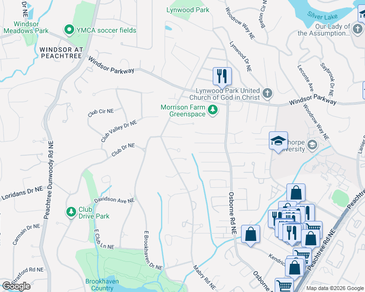 map of restaurants, bars, coffee shops, grocery stores, and more near 4581 East Brookhaven Drive Northeast in Atlanta