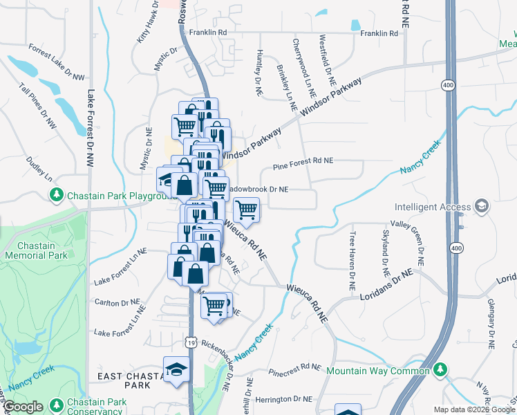 map of restaurants, bars, coffee shops, grocery stores, and more near 301 Valley Brook Way in Atlanta