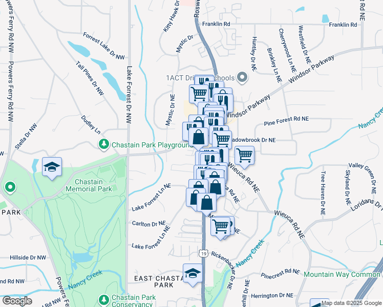 map of restaurants, bars, coffee shops, grocery stores, and more near 135 West Wieuca Road Northeast in Atlanta