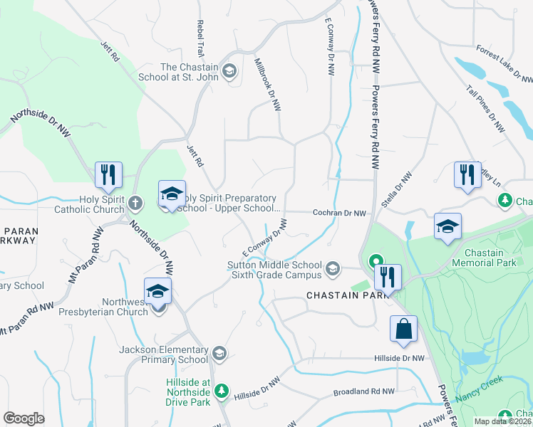 map of restaurants, bars, coffee shops, grocery stores, and more near 466 Conway Manor Drive Northwest in Atlanta