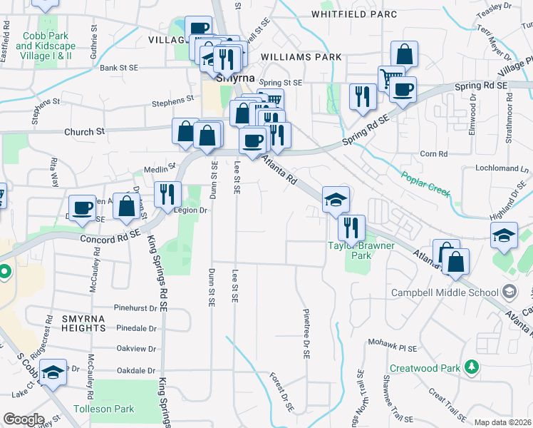 map of restaurants, bars, coffee shops, grocery stores, and more near 3127 Wills Street in Smyrna