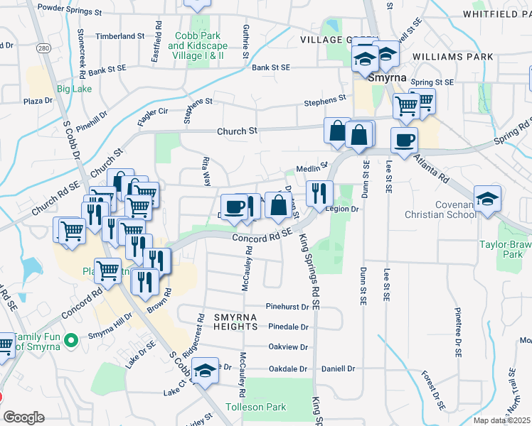 map of restaurants, bars, coffee shops, grocery stores, and more near 1097 Dell Avenue Southeast in Smyrna
