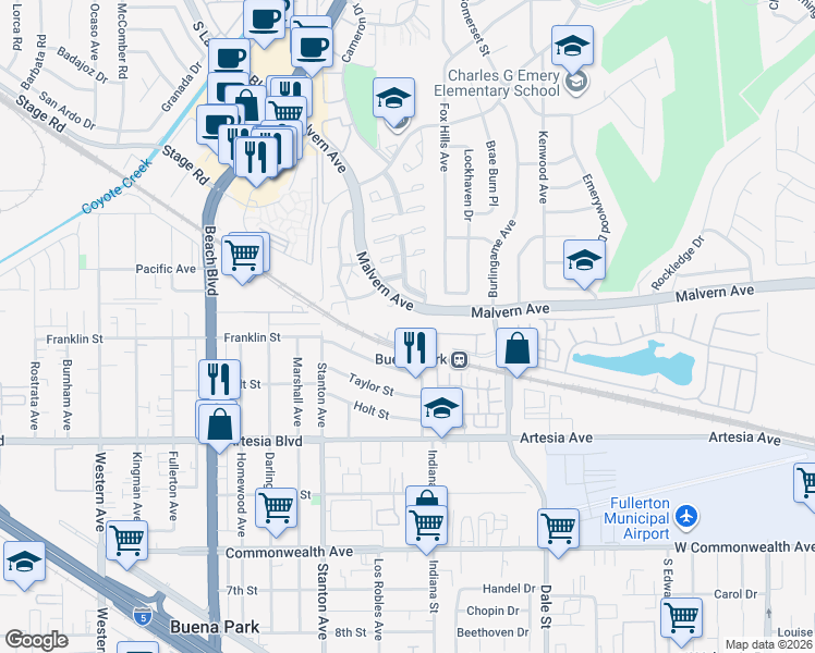 map of restaurants, bars, coffee shops, grocery stores, and more near 44 Sycamore Lane in Buena Park