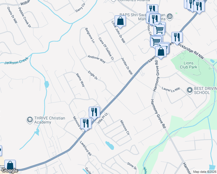 map of restaurants, bars, coffee shops, grocery stores, and more near 323 Engle Drive in Tucker