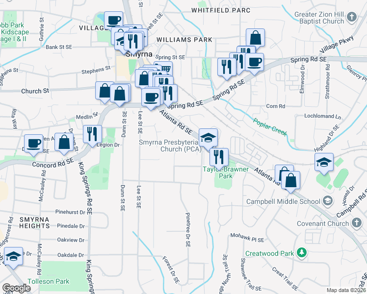 map of restaurants, bars, coffee shops, grocery stores, and more near 1516 Collier Place in Smyrna