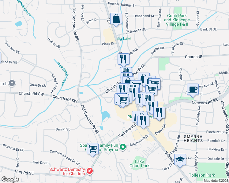 map of restaurants, bars, coffee shops, grocery stores, and more near 726 Surrey Park Place Southeast in Smyrna