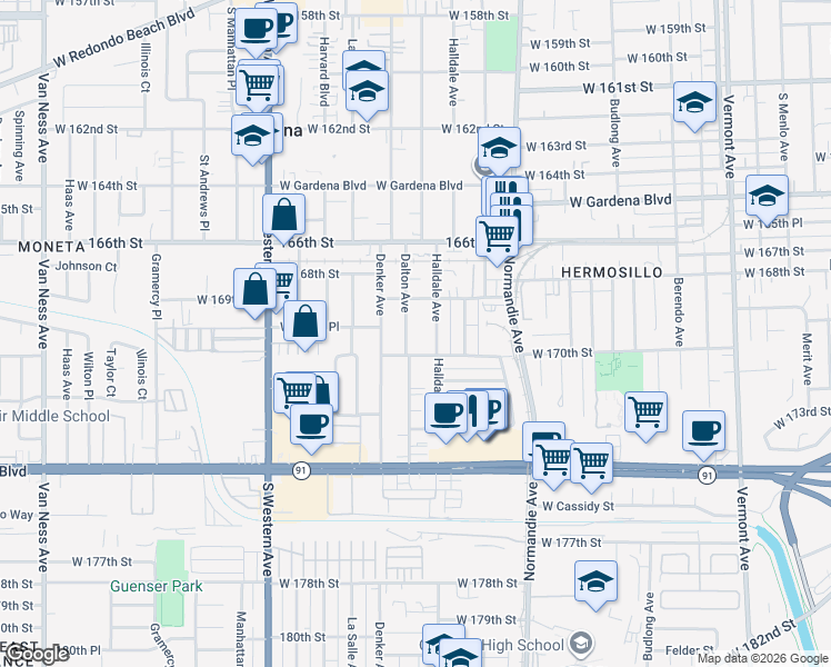 map of restaurants, bars, coffee shops, grocery stores, and more near 16938 Dalton Avenue in Gardena