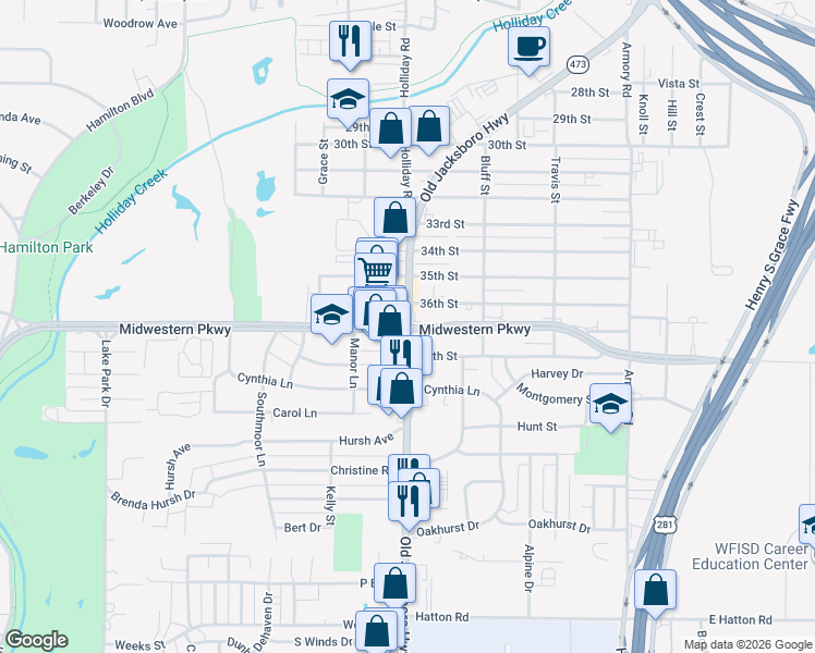 map of restaurants, bars, coffee shops, grocery stores, and more near 1500 Midwestern Parkway in Wichita Falls