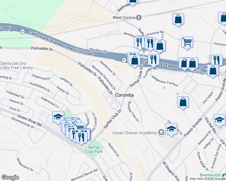 map of restaurants, bars, coffee shops, grocery stores, and more near 2394 Monterey Peninsula Drive in Corona