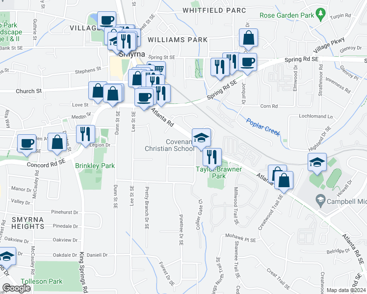 map of restaurants, bars, coffee shops, grocery stores, and more near 1516 Collier Place in Smyrna