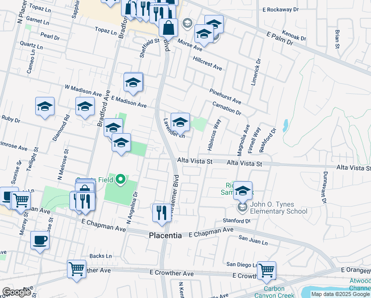 map of restaurants, bars, coffee shops, grocery stores, and more near 701 Hollyhock Lane in Placentia